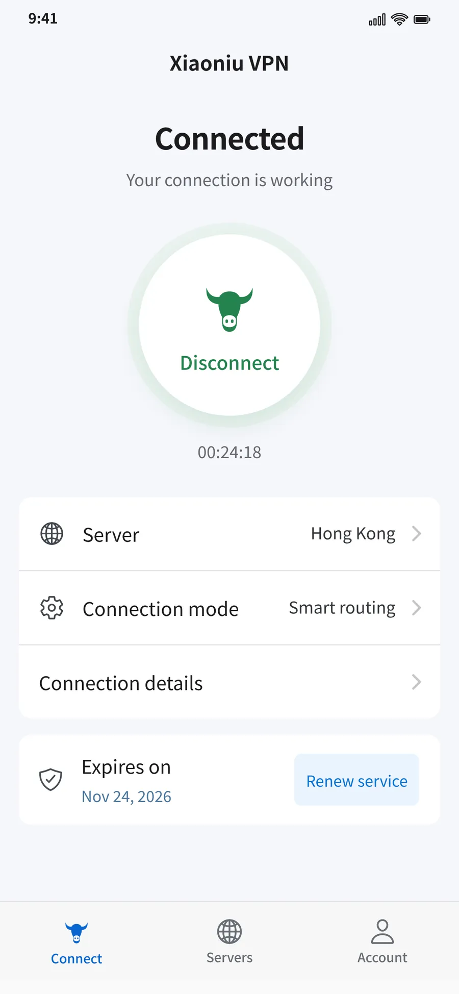 Interface preview: Xiaoniu VPN connected on iPhone